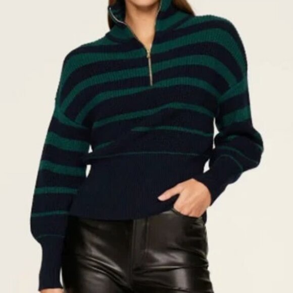 Trina Turk Striped Misty Half-Zip Pullover Sweater Sz Sm Navy - Picture 2 of 6